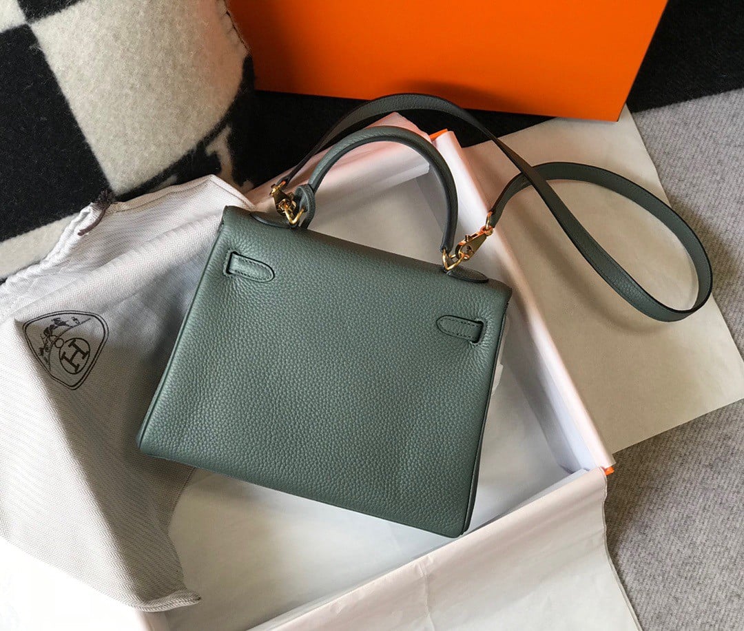 Hermes Kelly 25cm Retourne Bag in Vert Amande Clemence Leather GHW