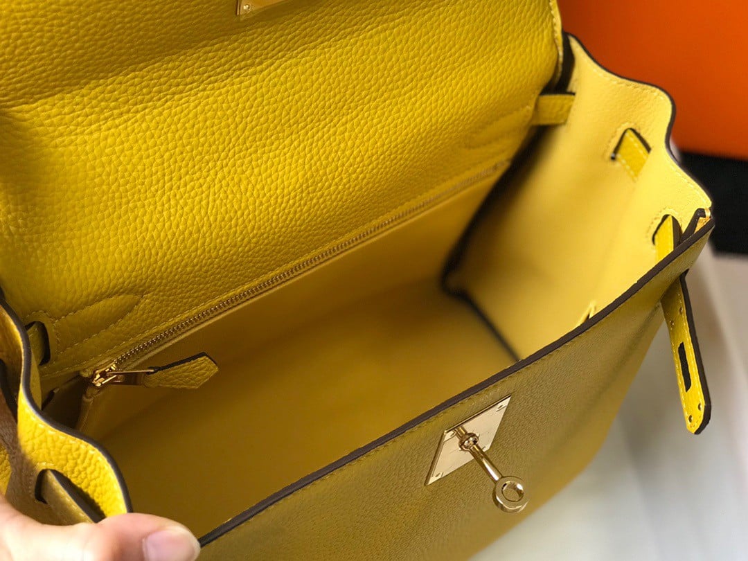 Hermes Kelly 25cm Retourne Bag in Jaune Ambre Clemence Leather GHW