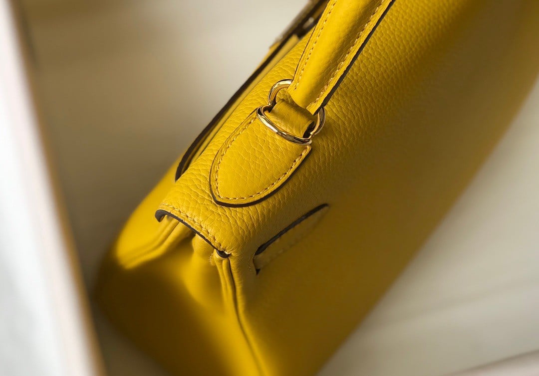 Hermes Kelly 25cm Retourne Bag in Jaune Ambre Clemence Leather GHW