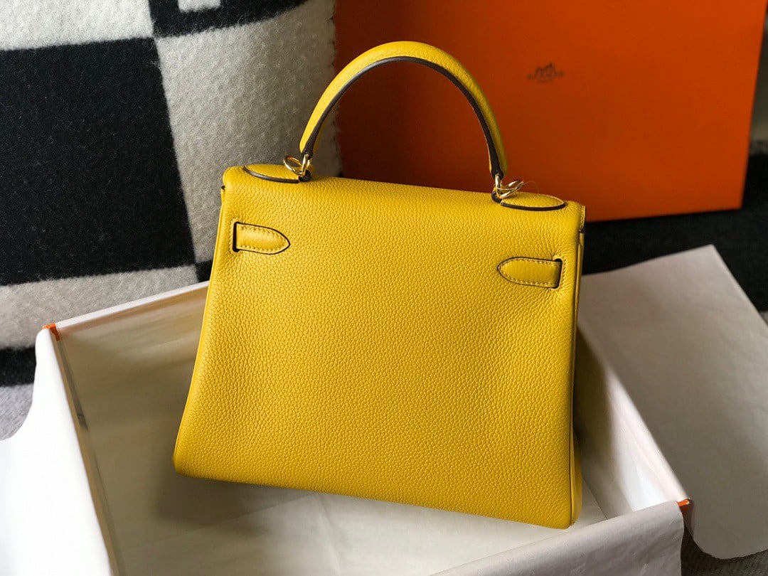 Hermes Kelly 25cm Retourne Bag in Jaune Ambre Clemence Leather GHW