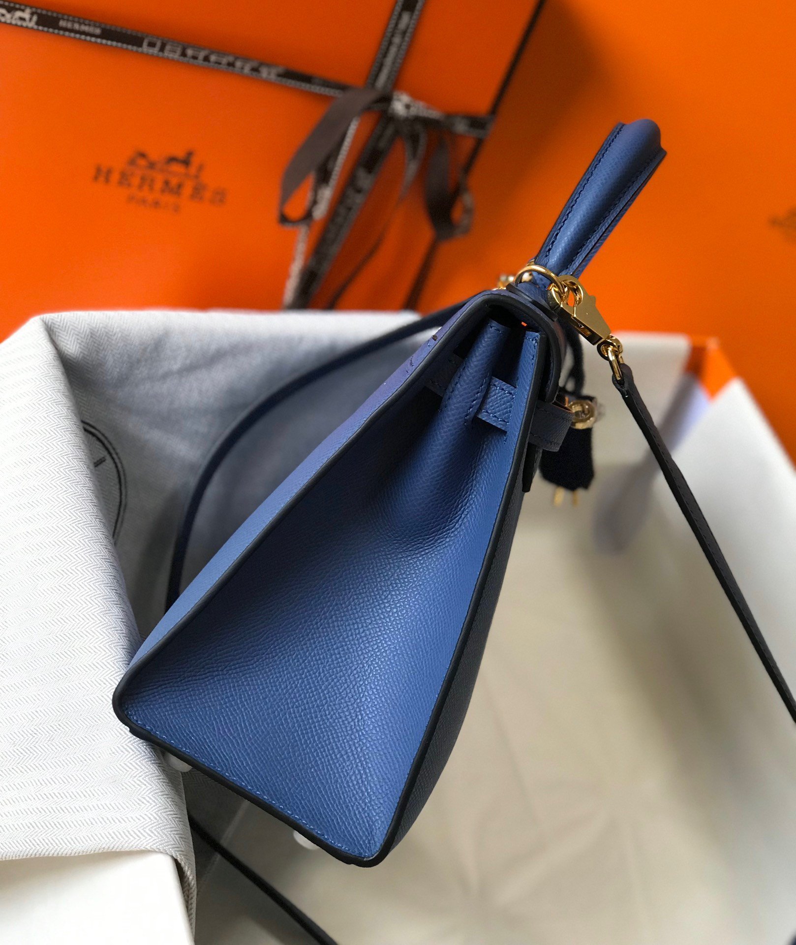 Hermes Kelly 25cm Sellier Bag in Blue Agate Epsom Calfskin GHW