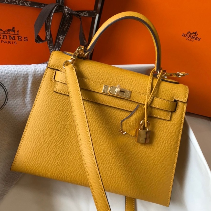 Hermes Kelly 25cm Sellier Bag in Jaune Ambre Epsom Calfskin GHW