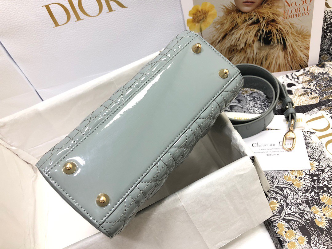 Dior Small Lady Dior Bag In Grey Patent Cannage Calfskin