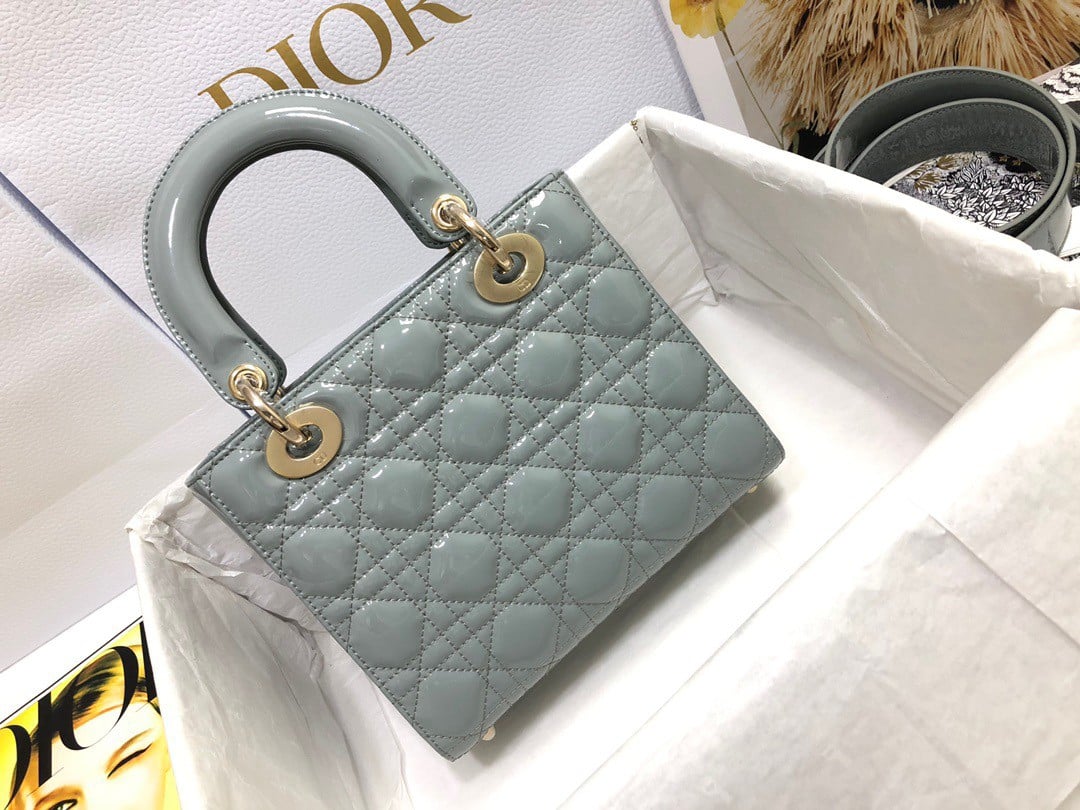 Dior Small Lady Dior Bag In Grey Patent Cannage Calfskin