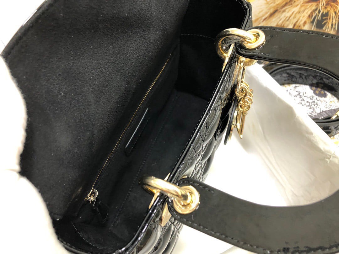 Dior Small Lady Dior Bag In Black Patent Cannage Calfskin