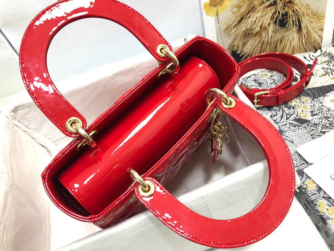 Dior Small Lady Dior Bag In Red Patent Cannage Calfskin