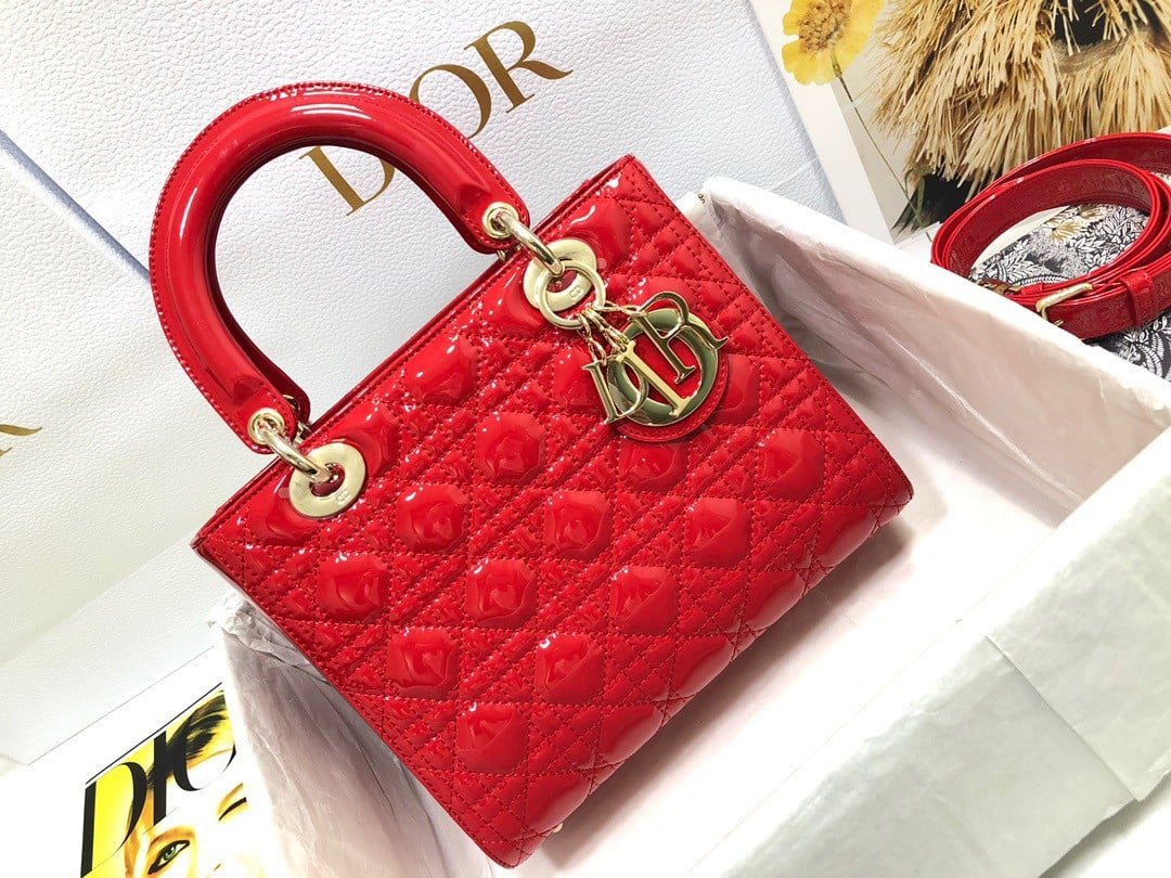 Dior Small Lady Dior Bag In Red Patent Cannage Calfskin