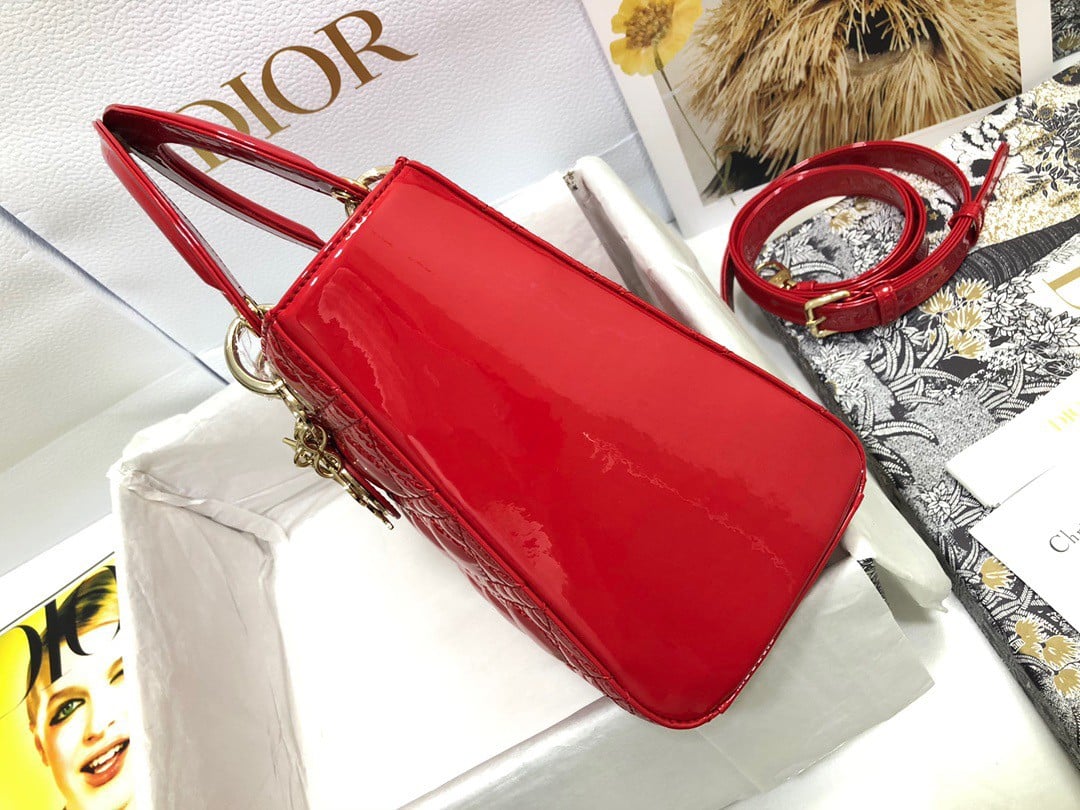 Dior Small Lady Dior Bag In Red Patent Cannage Calfskin