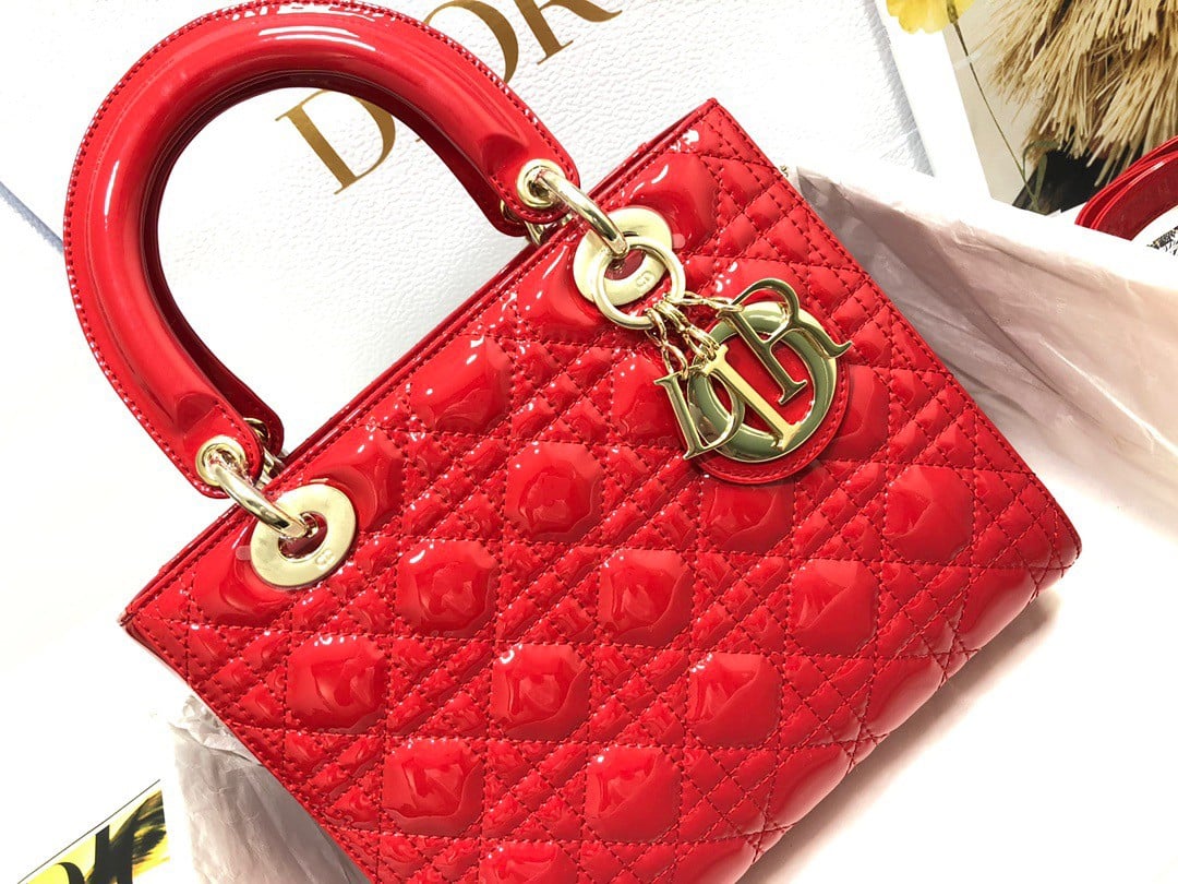 Dior Small Lady Dior Bag In Red Patent Cannage Calfskin