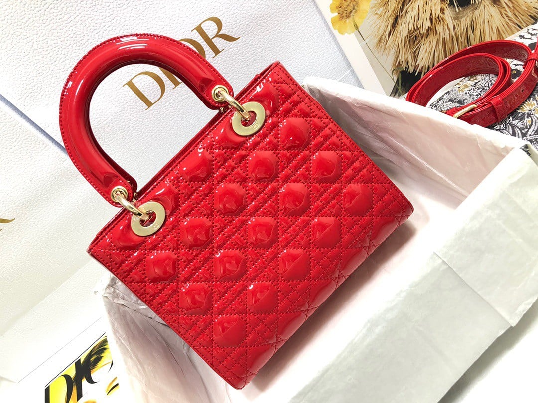 Dior Small Lady Dior Bag In Red Patent Cannage Calfskin