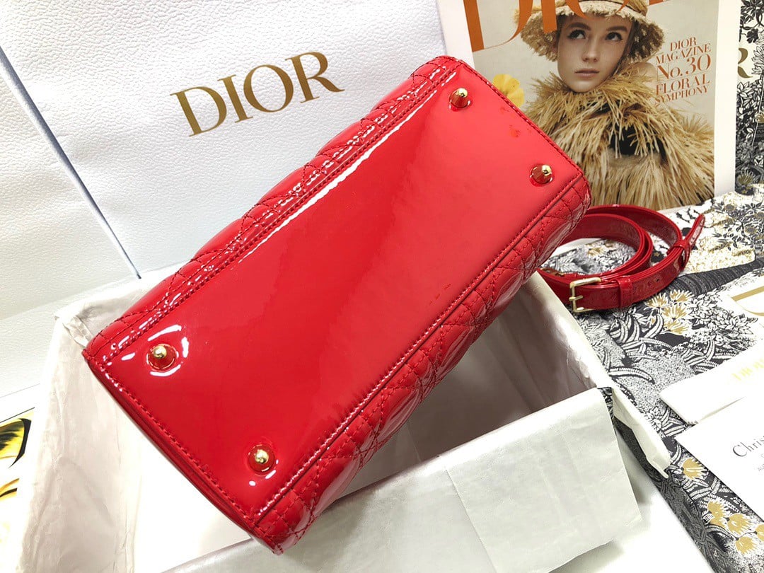 Dior Small Lady Dior Bag In Red Patent Cannage Calfskin