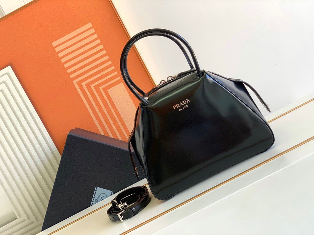 Prada Supernova Small Top Handle Bag In Black Brushed Leather