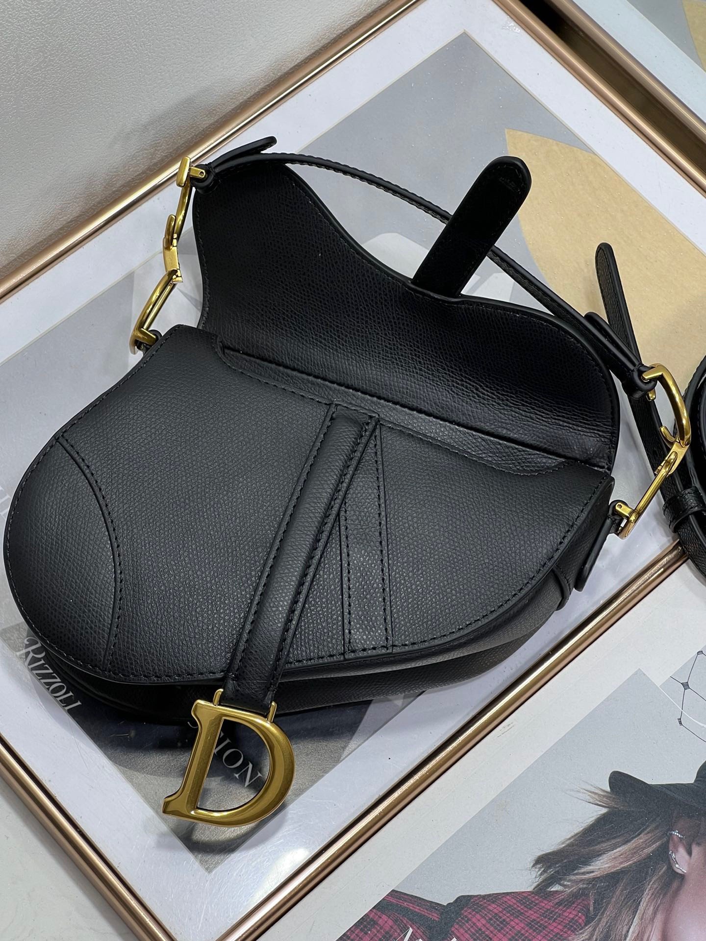 Dior Mini Saddle Bag with Strap in Black Grained Calfskin