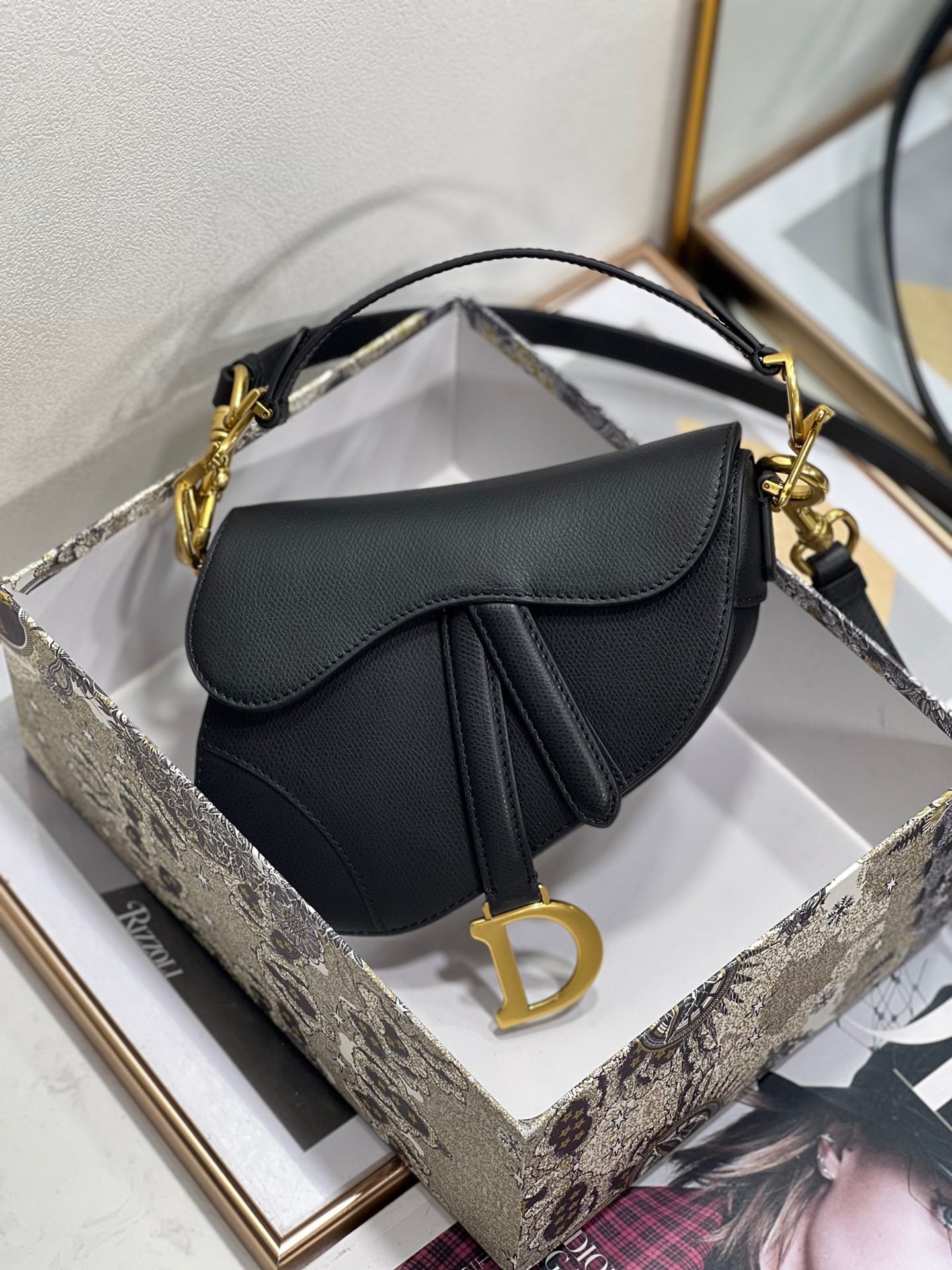 Dior Mini Saddle Bag with Strap in Black Grained Calfskin