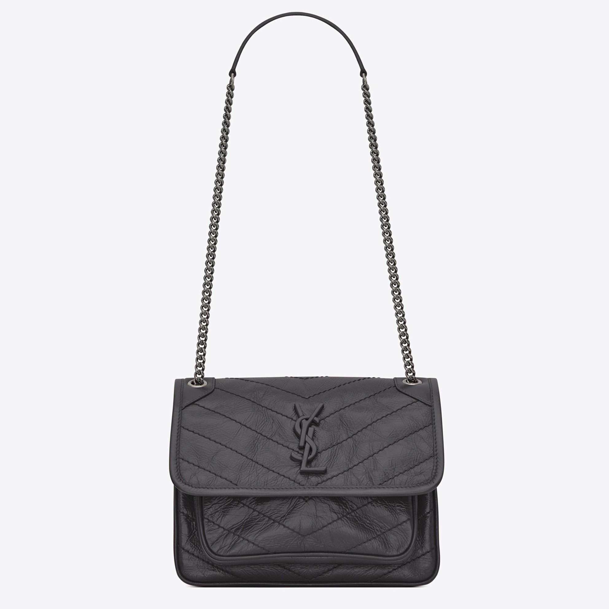 Saint Laurent Niki Baby Chain Bag In Dark Grey Crinkled Leather