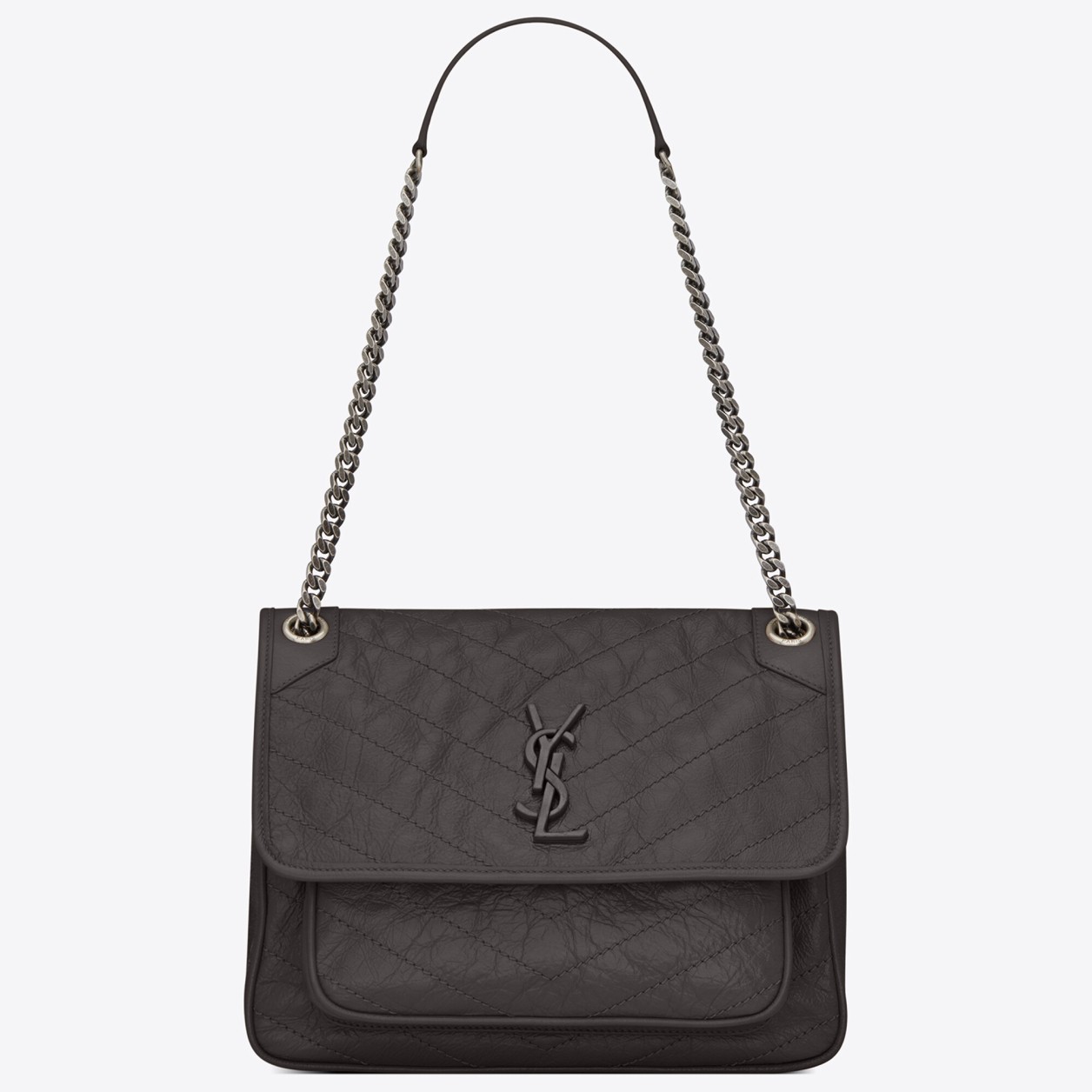 Saint Laurent Niki Medium Chain Bag In Dark Grey Crinkled Leather