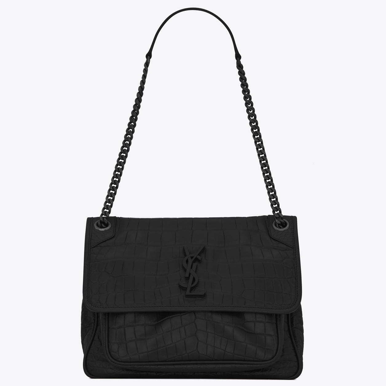 Saint Laurent Niki Medium Chain So Black Bag In Crocodile-embossed Leather