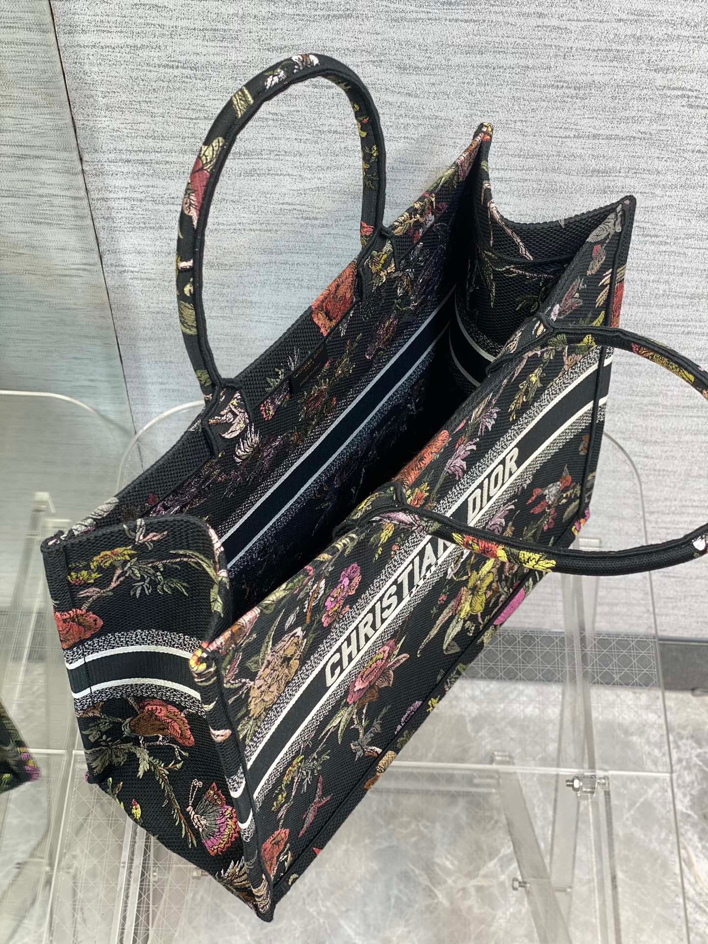 Dior Large Book Tote Bag In Black Jardin Botanique Embroidery