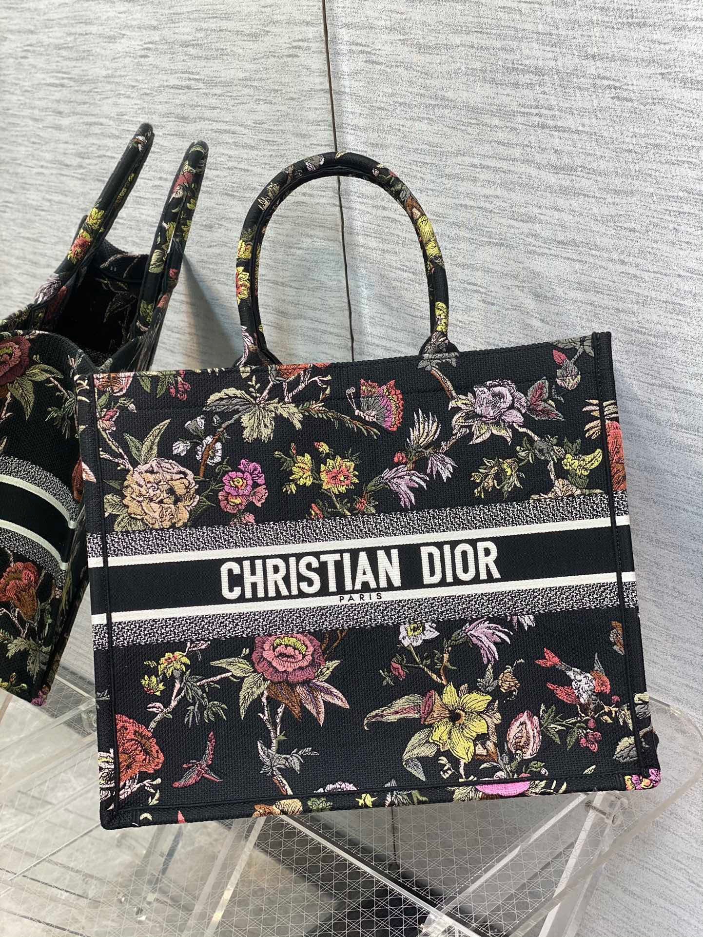 Dior Large Book Tote Bag In Black Jardin Botanique Embroidery