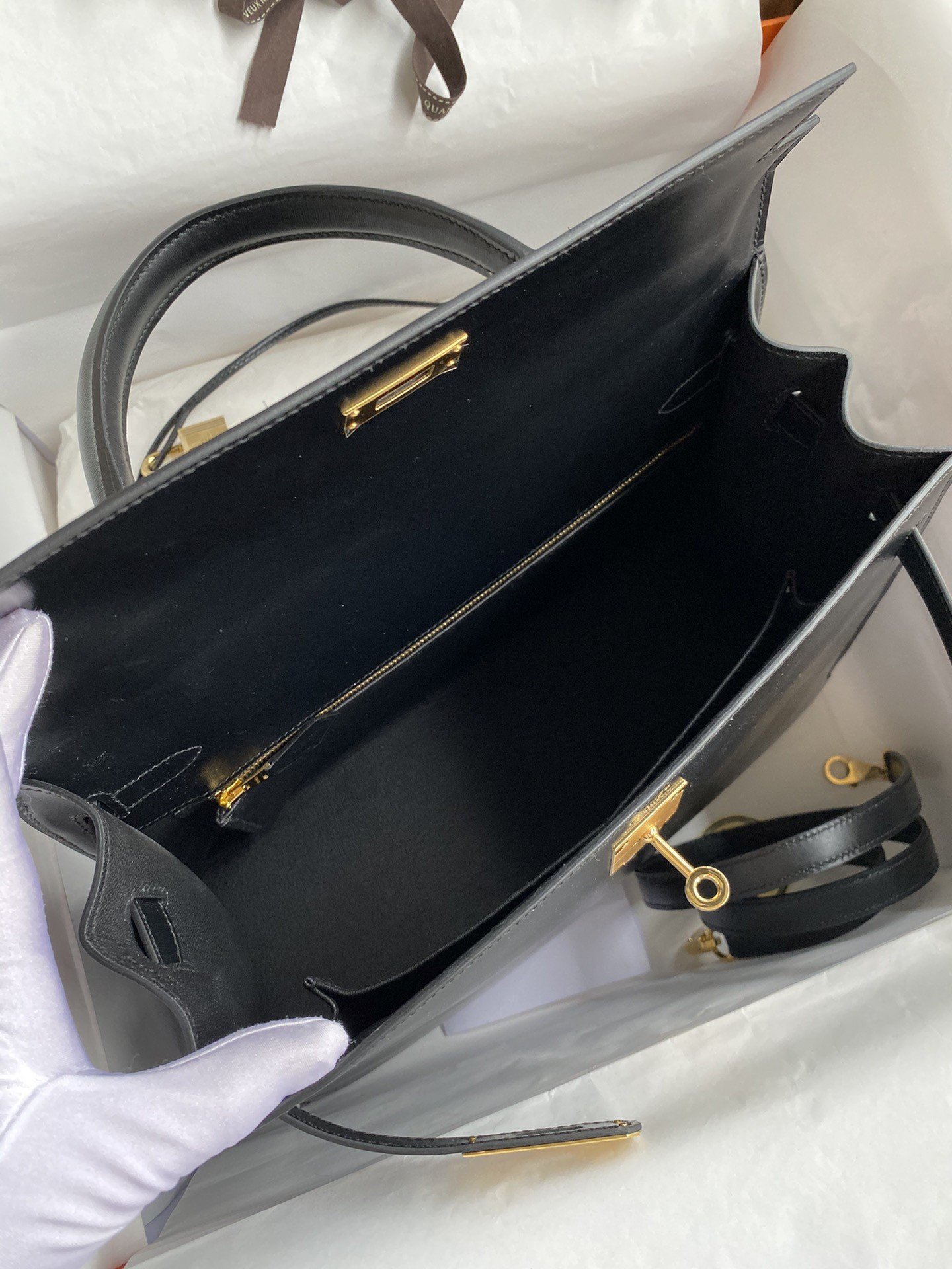 Hermes Kelly Sellier 32 Handmade Bag In Black Box Calfskin