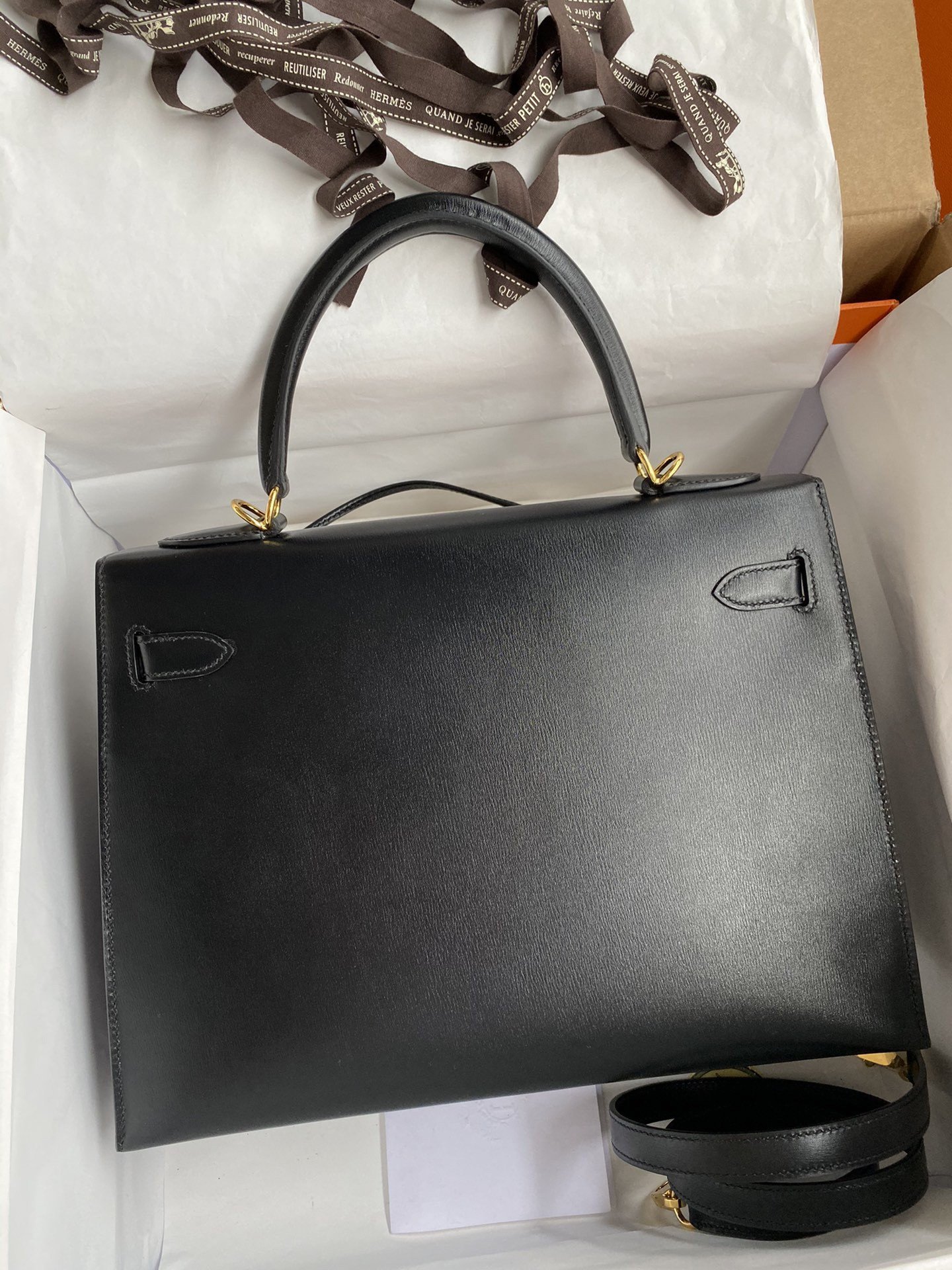 Hermes Kelly Sellier 32 Handmade Bag In Black Box Calfskin