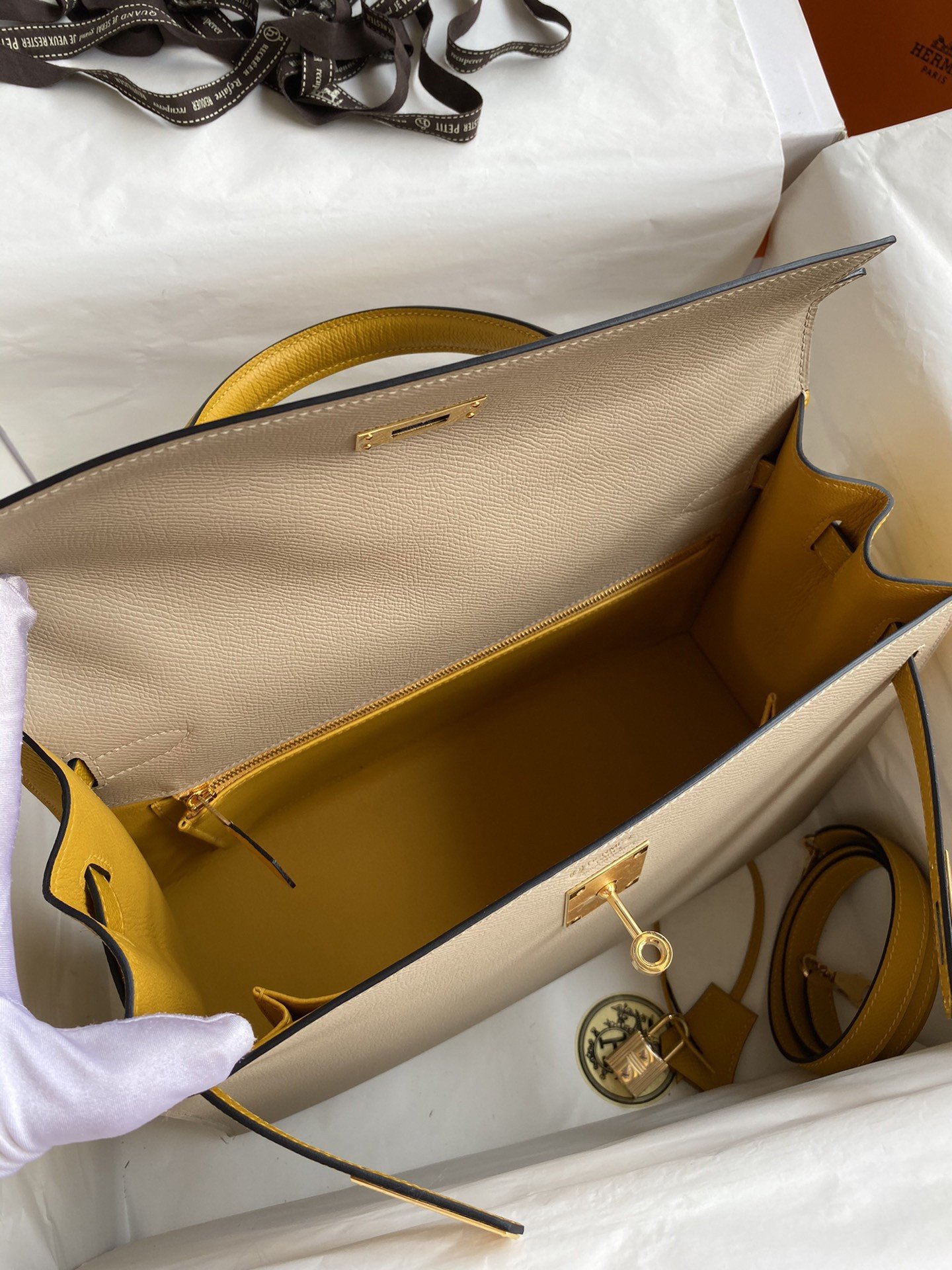 Hermes Kelly Sellier 32 Bicolor Bag in Trench and Yellow Epsom Calfskin