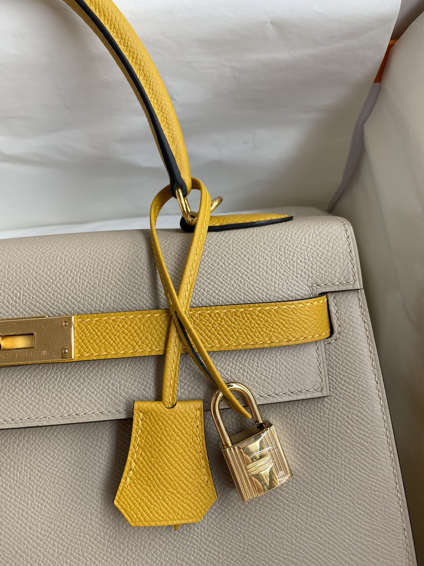 Hermes Kelly Sellier 32 Bicolor Bag in Trench and Yellow Epsom Calfskin