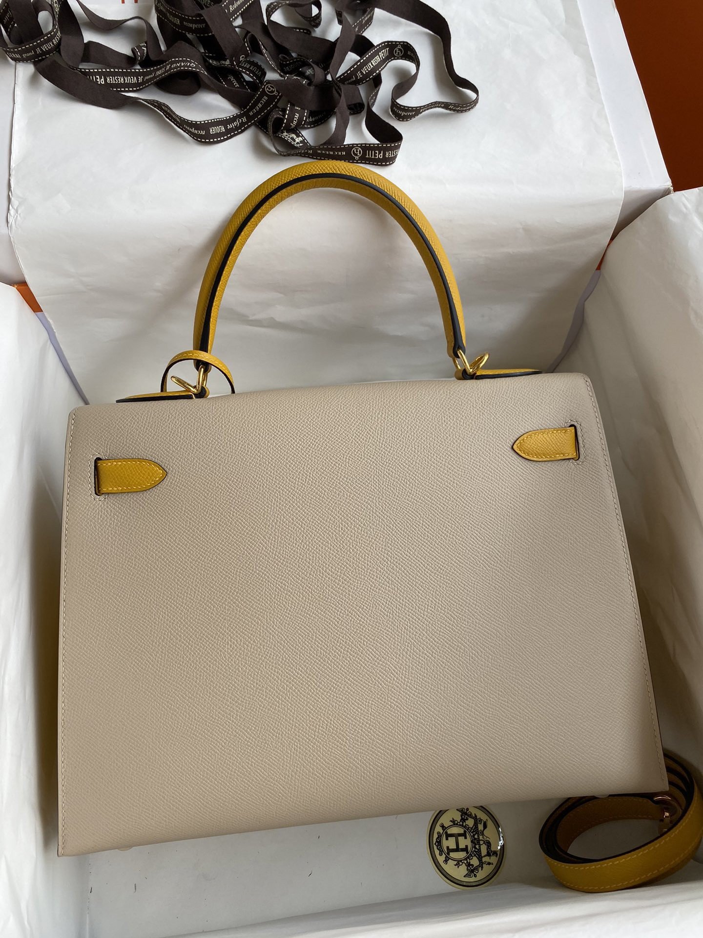 Hermes Kelly Sellier 32 Bicolor Bag in Trench and Yellow Epsom Calfskin