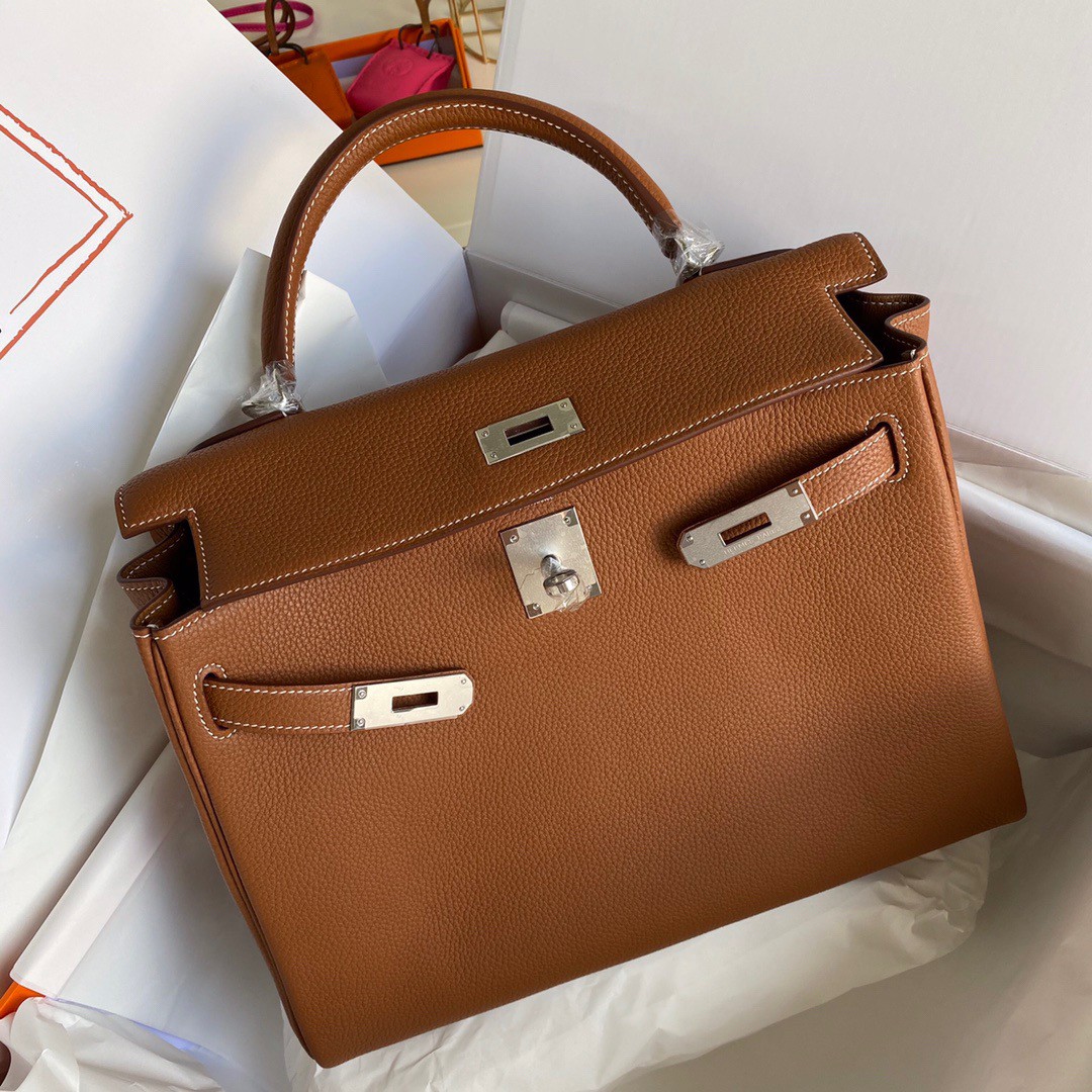 Hermes Kelly Retourne 32 Handmade Bag In Gold Clemence Leather