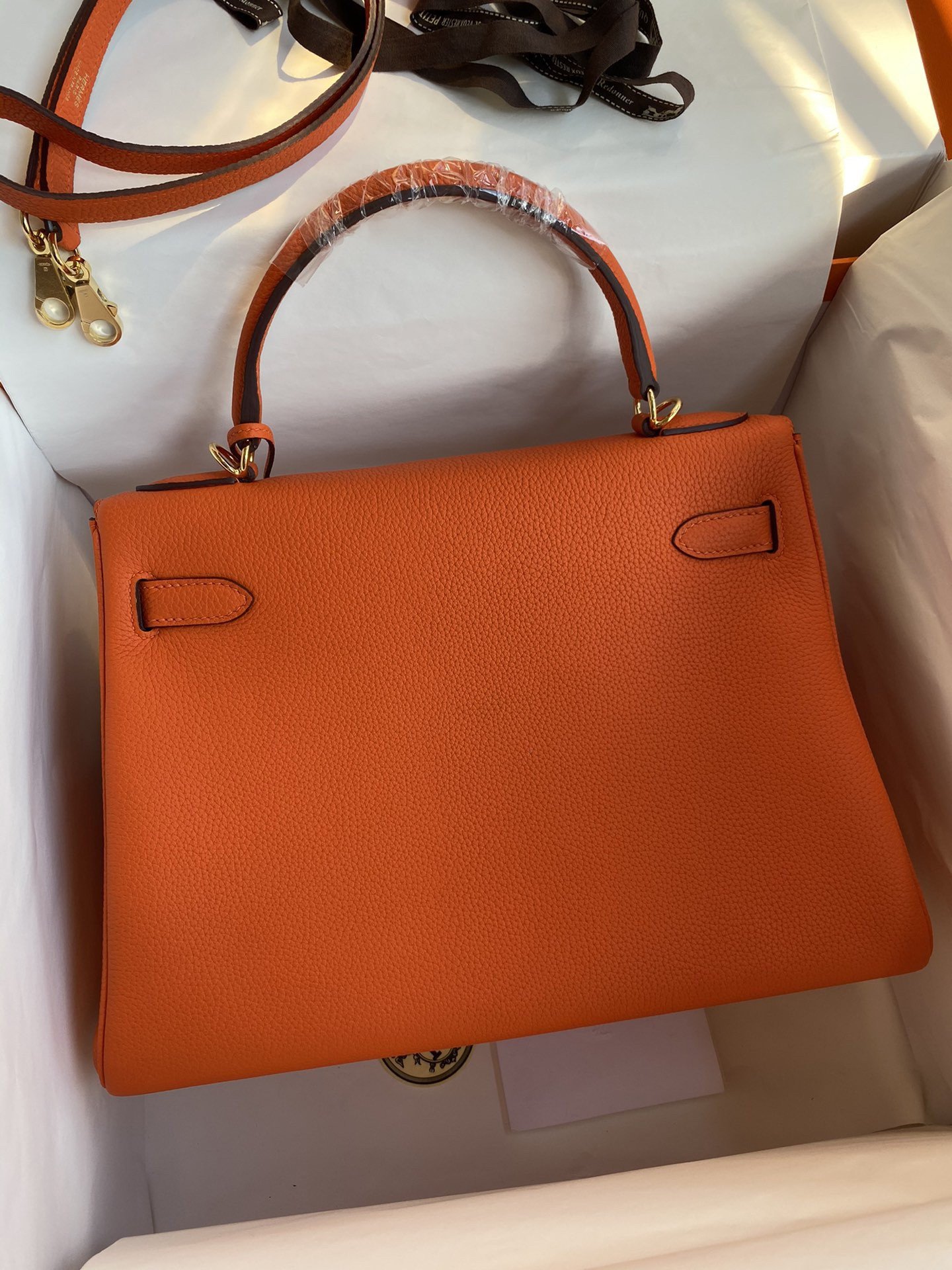 Hermes Kelly Retourne 32 Handmade Bag In Orange Clemence Leather