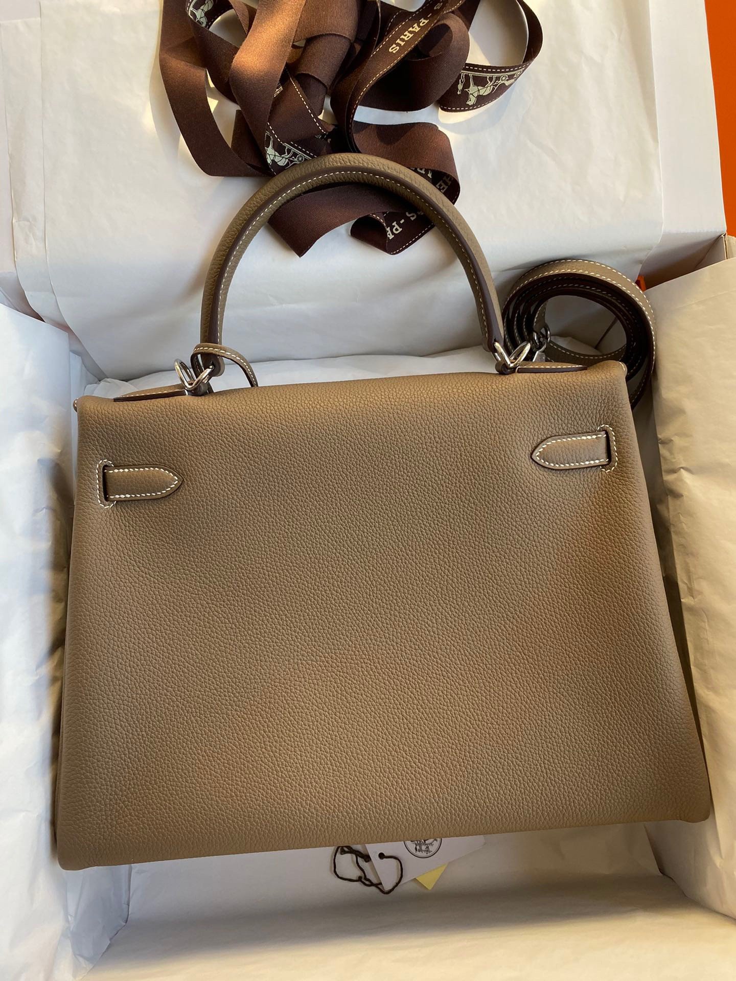 Hermes Kelly Retourne 32 Handmade Bag In Taupe Clemence Leather