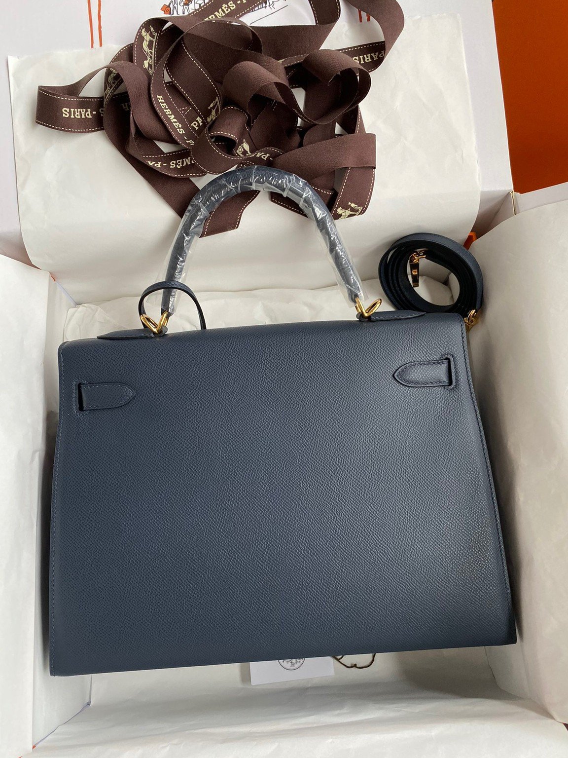 Hermes Kelly Sellier 32 Handmade Bag In Blue Indigo Epsom Calfskin