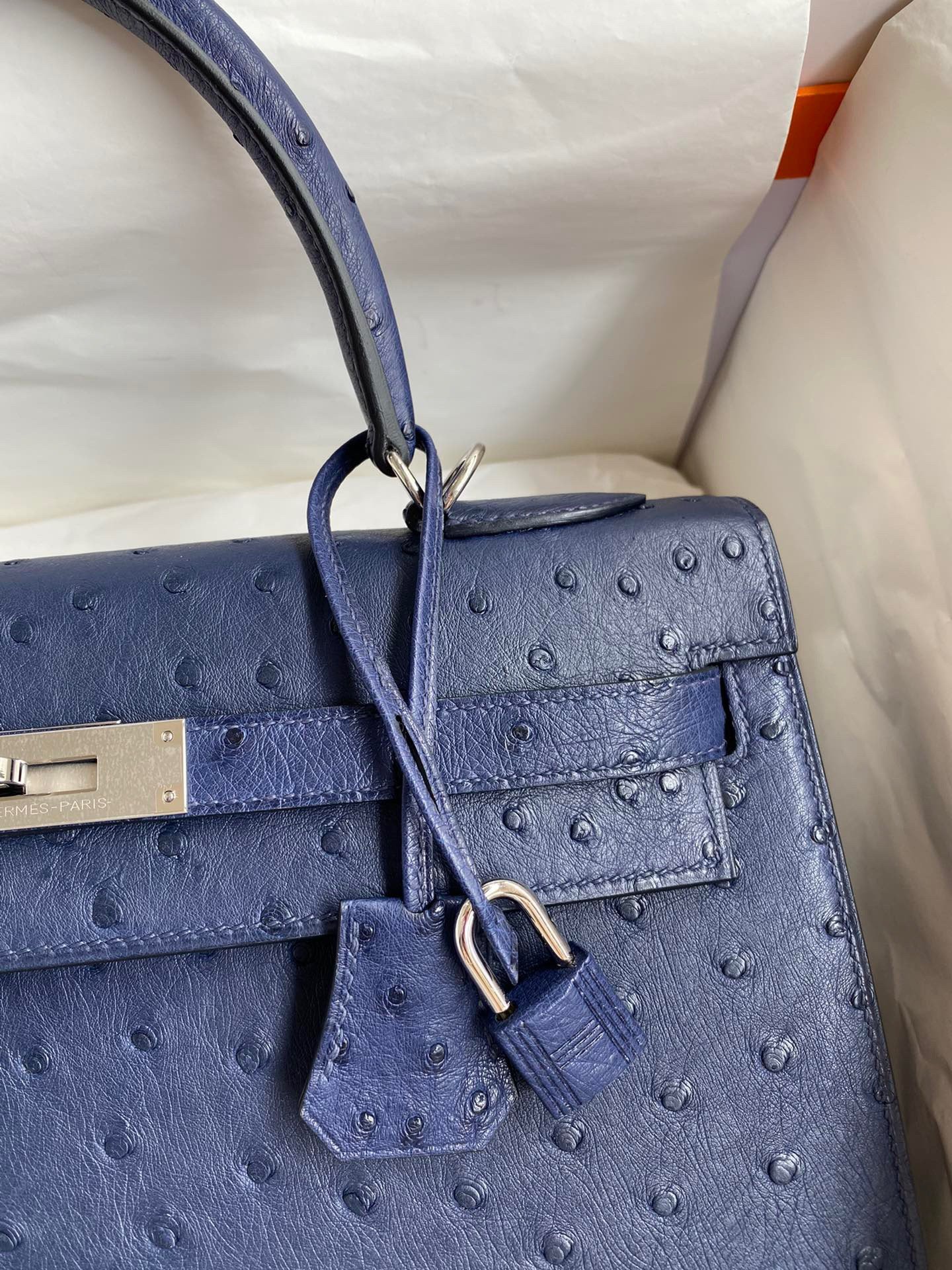 Hermes Kelly Sellier 32 Handmade Bag In Blue Iris Ostrich Leather