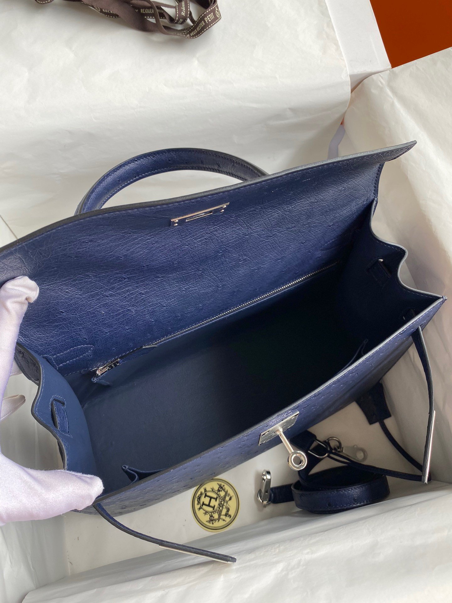 Hermes Kelly Sellier 32 Handmade Bag In Blue Iris Ostrich Leather