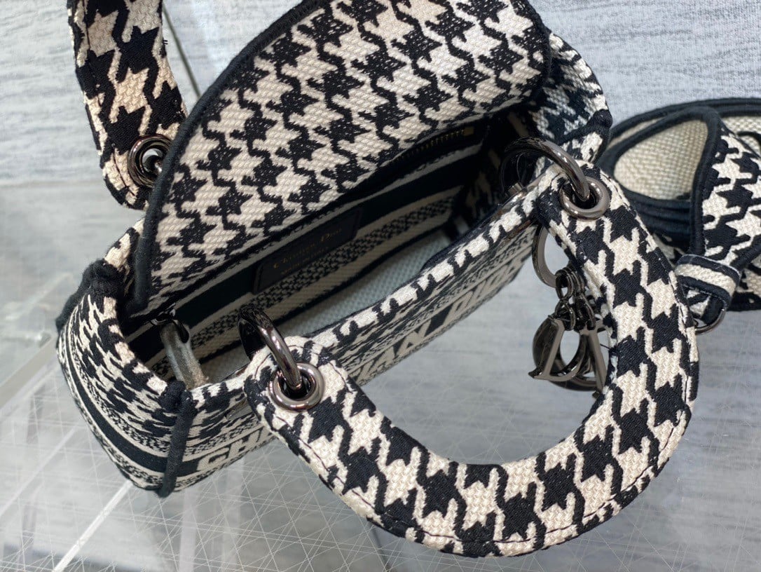 Dior Lady D-Lite Mini Bag In Black and White Houndstooth Embroidery