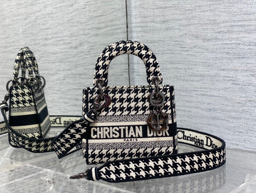 Dior Lady D-Lite Mini Bag In Black and White Houndstooth Embroidery