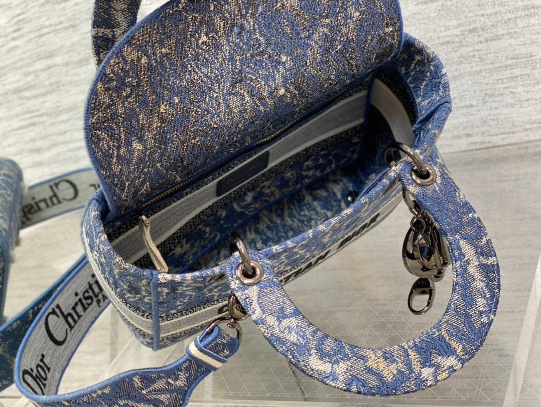 Dior Lady D-Lite Medium Bag In Blue Brocart Denim-Effect Embroidery