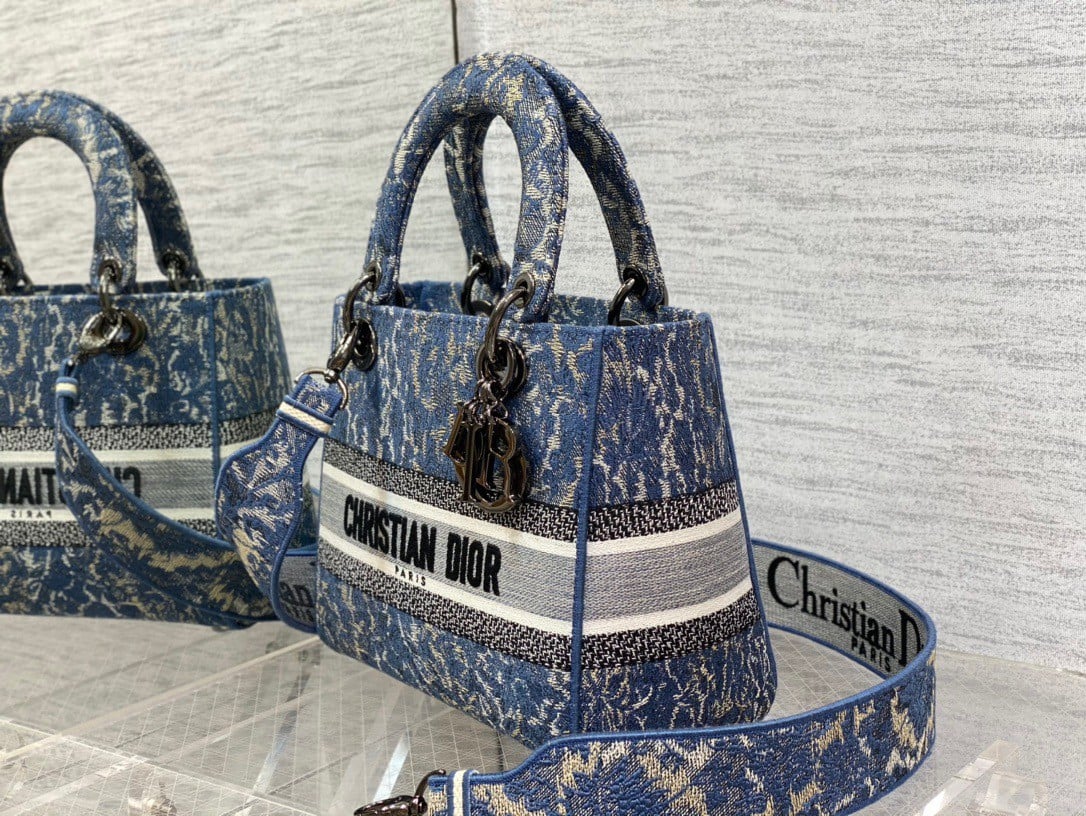 Dior Lady D-Lite Medium Bag In Blue Brocart Denim-Effect Embroidery