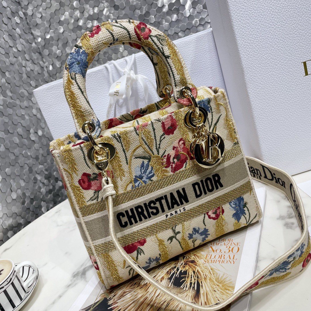 Dior Lady D-Lite Medium Bag In Hibiscus Metallic Thread Embroidery