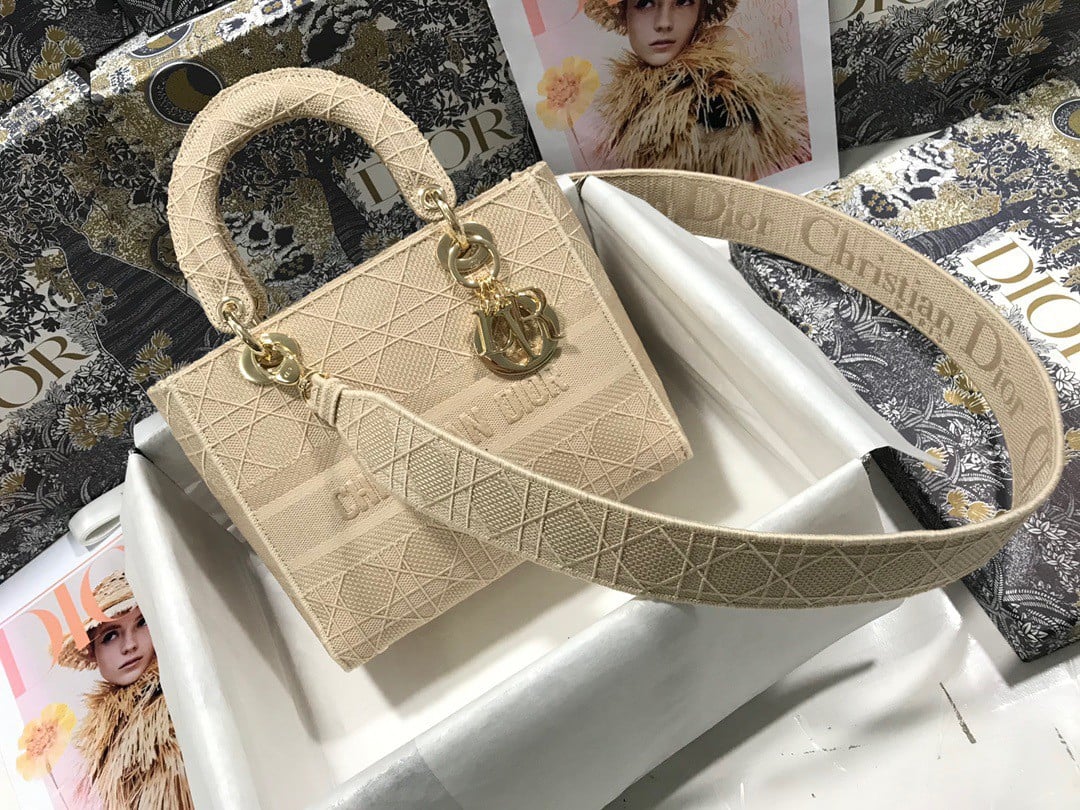 Dior Lady D-Lite Medium Bag In Beige Cannage Embroidered Canvas