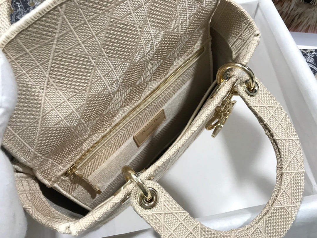 Dior Lady D-Lite Medium Bag In Beige Cannage Embroidered Canvas