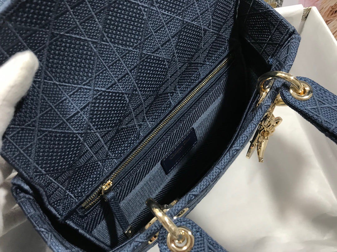 Dior Lady D-Lite Medium Bag In Blue Cannage Embroidered Canvas