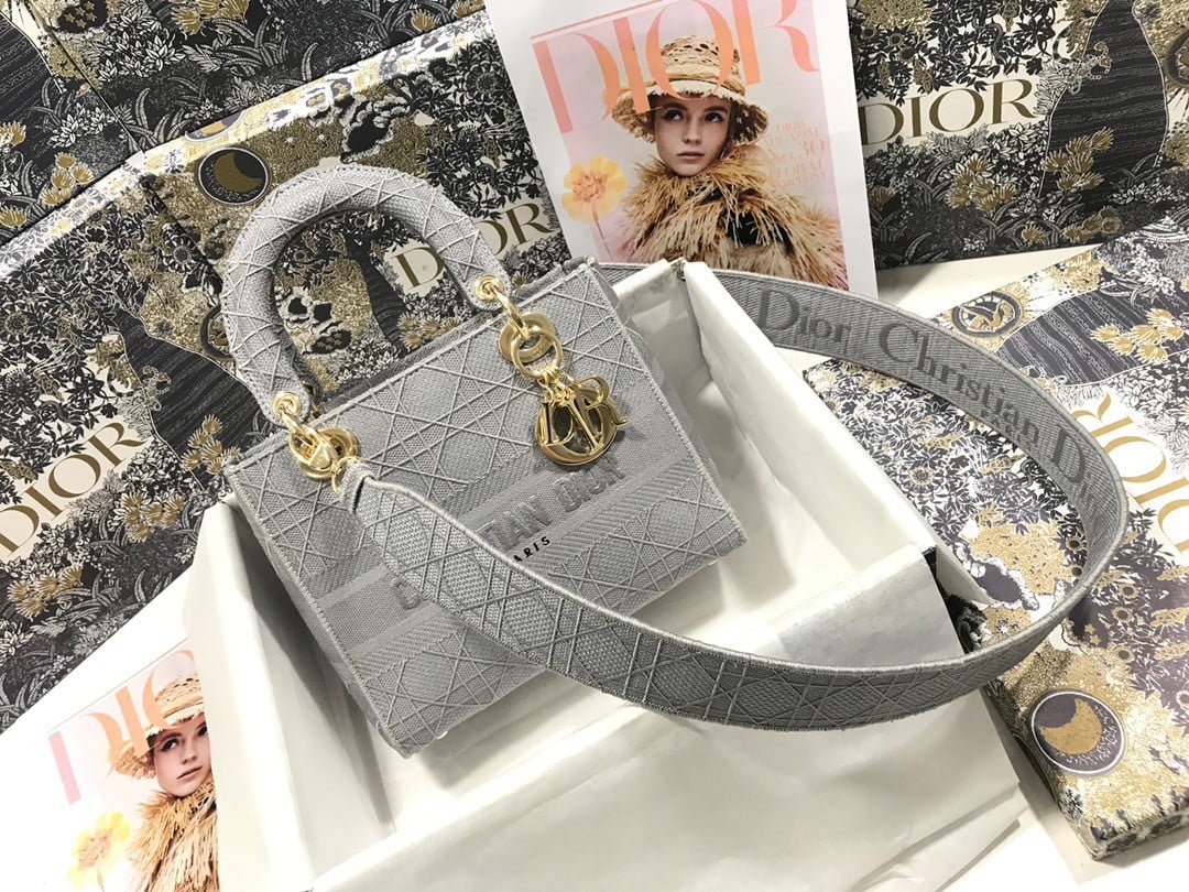 Dior Lady D-Lite Medium Bag In Grey Cannage Embroidered Canvas