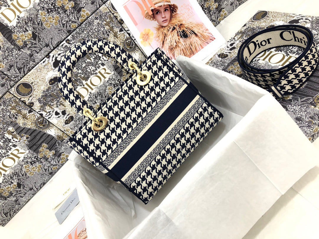 Dior Lady D-Lite Medium Bag In Black & White Houndstooth Embroidery