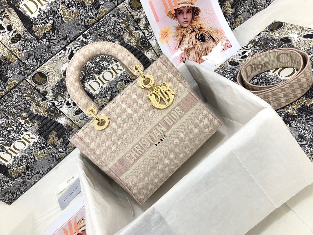 Dior Lady D-Lite Medium Bag In Pink & White Houndstooth Embroidery