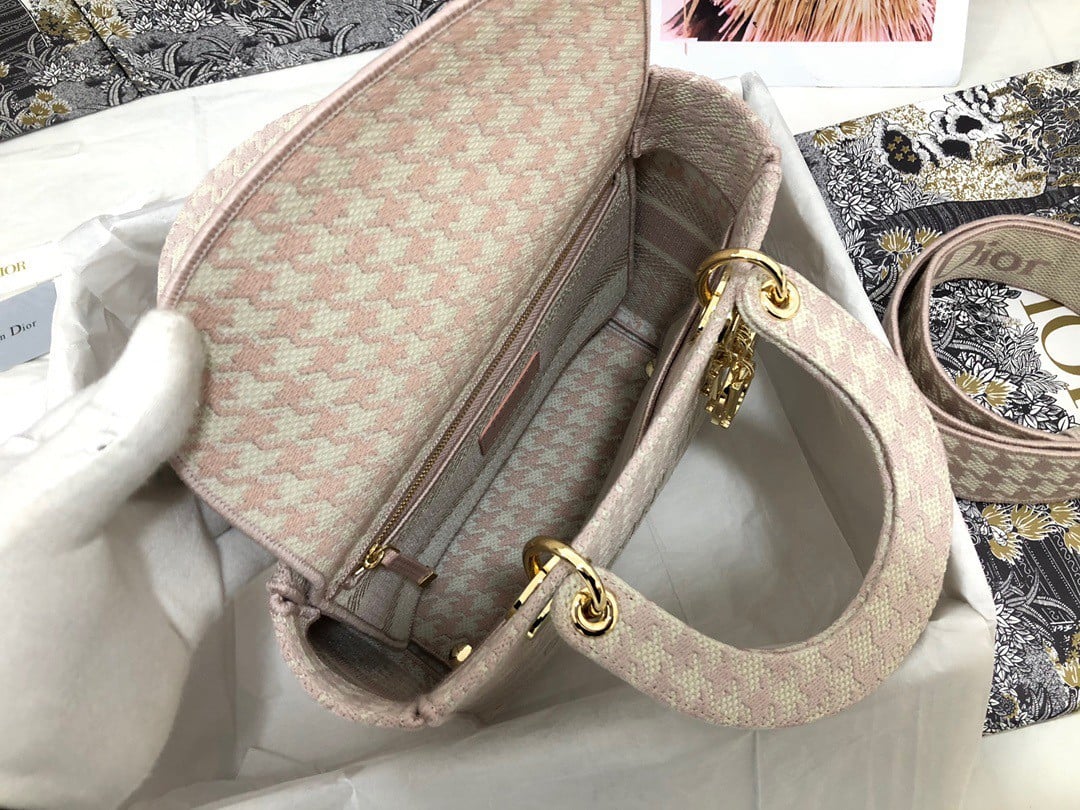 Dior Lady D-Lite Medium Bag In Pink & White Houndstooth Embroidery