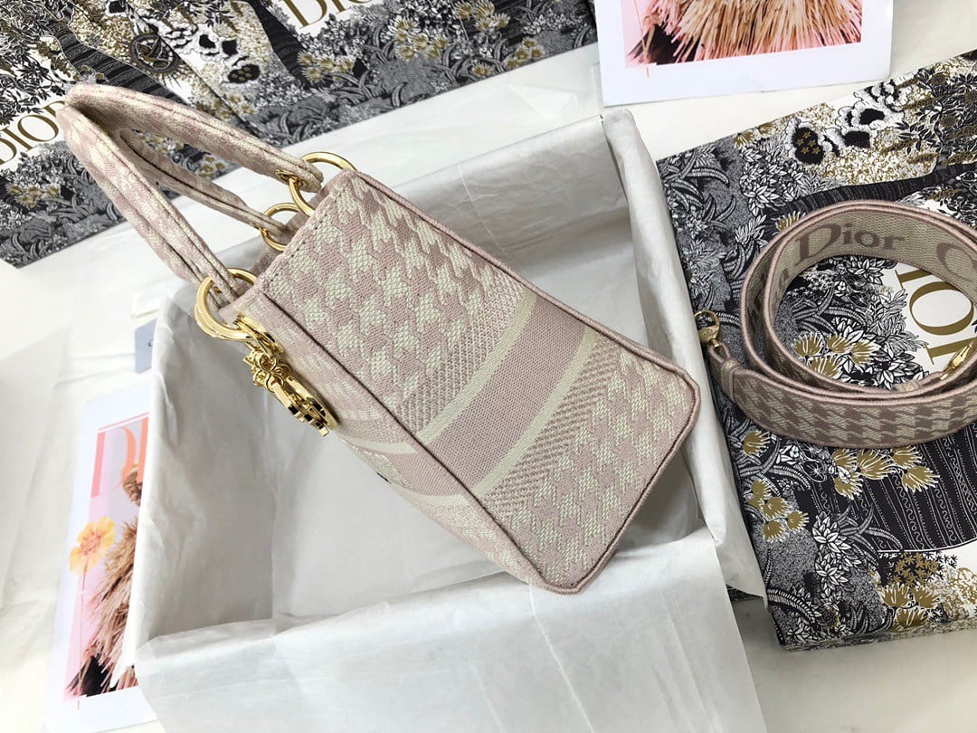 Dior Lady D-Lite Medium Bag In Pink & White Houndstooth Embroidery