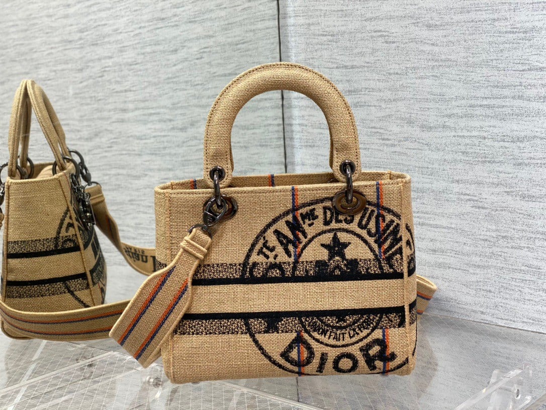 Dior Lady D-Lite Medium Bag In Beige Jute Canvas with Dior Union Motif