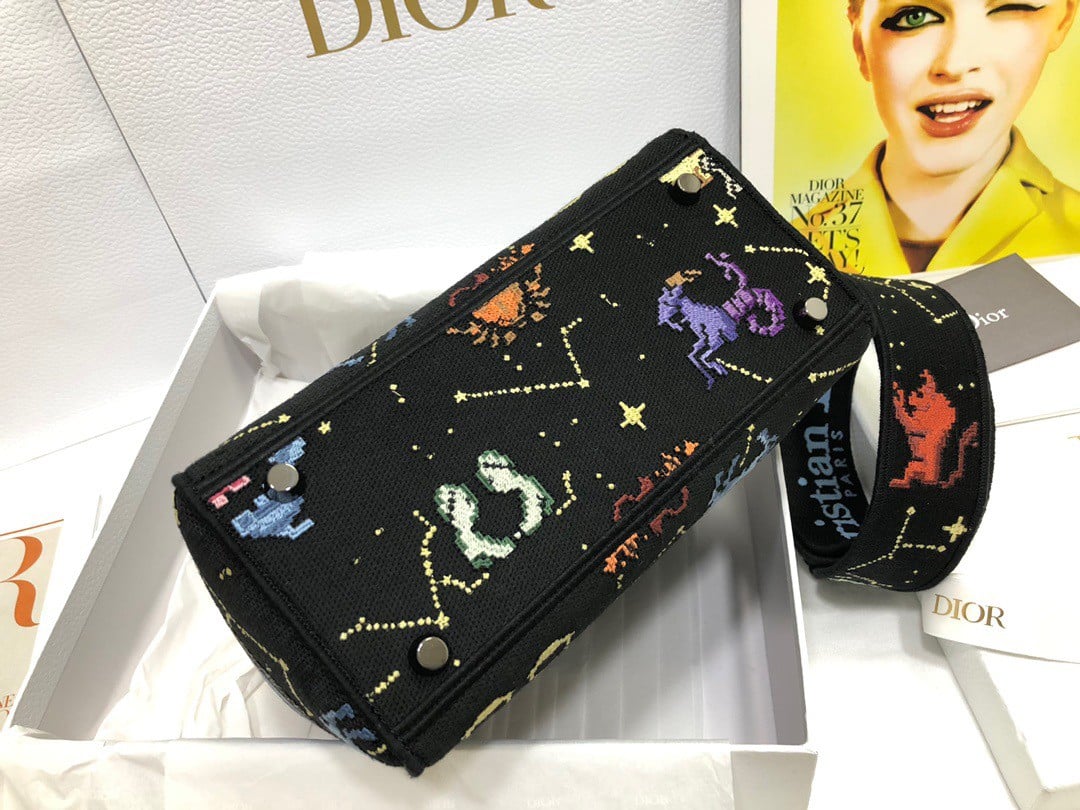 Dior Lady D-Lite Medium Bag In Black Pixel Zodiac Embroidery