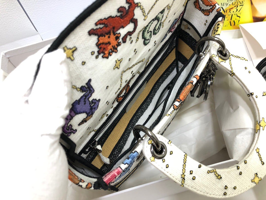 Dior Lady D-Lite Medium Bag In White Pixel Zodiac Embroidery